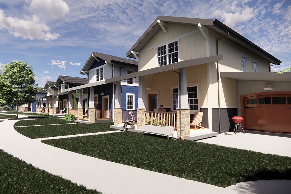 NEIGHBORHOOD ADDITION: An artist’s rendering shows a small community of houses planned by the Drew Lewis Foundation in the Grant Beach neighborhood after the nonprofit purchased over an acre of mostly vacant land for the project.